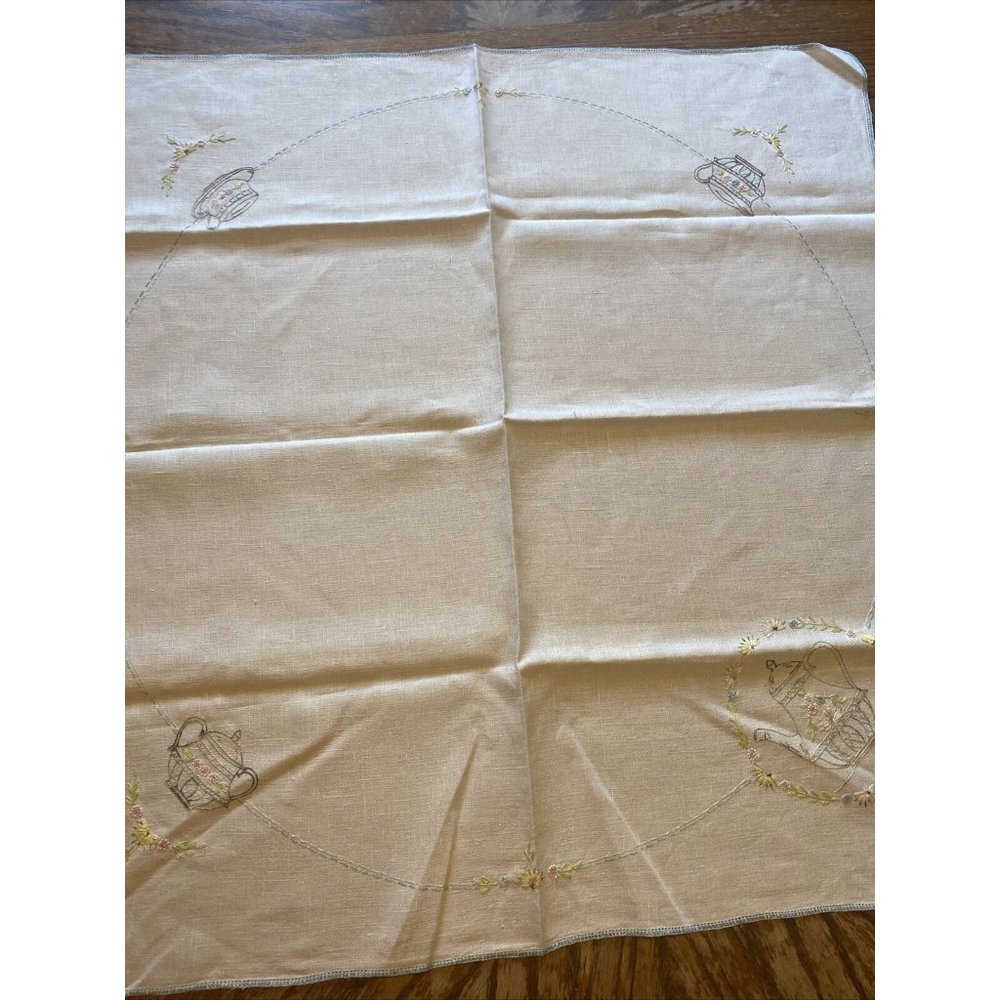 Vintage Table Cloth Linen Ivory Blue Flowers Pitcher Square  35" x 35"